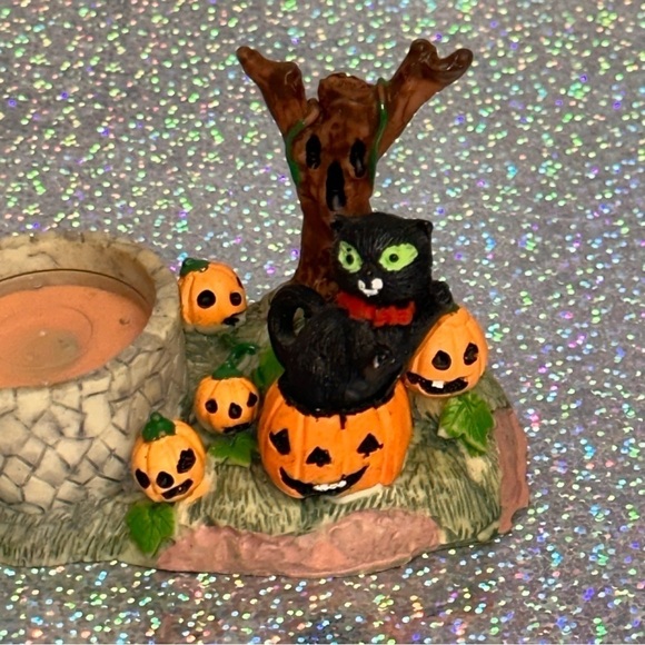 Vintage Halloween Spooky Black Cat Pumpkin Tree Candle Holder Decor 3" X 4.5" - Picture 2 of 8